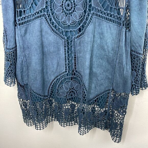 Lauren Michelle Boho Crochet mixed media top 3/4 sleeve round neck size Large - Picture 6 of 12
